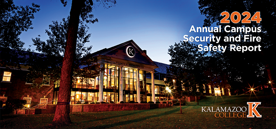 Hicks Student Center at night with text that reads "2024 Annual Campus Security and Fire Safety Report"